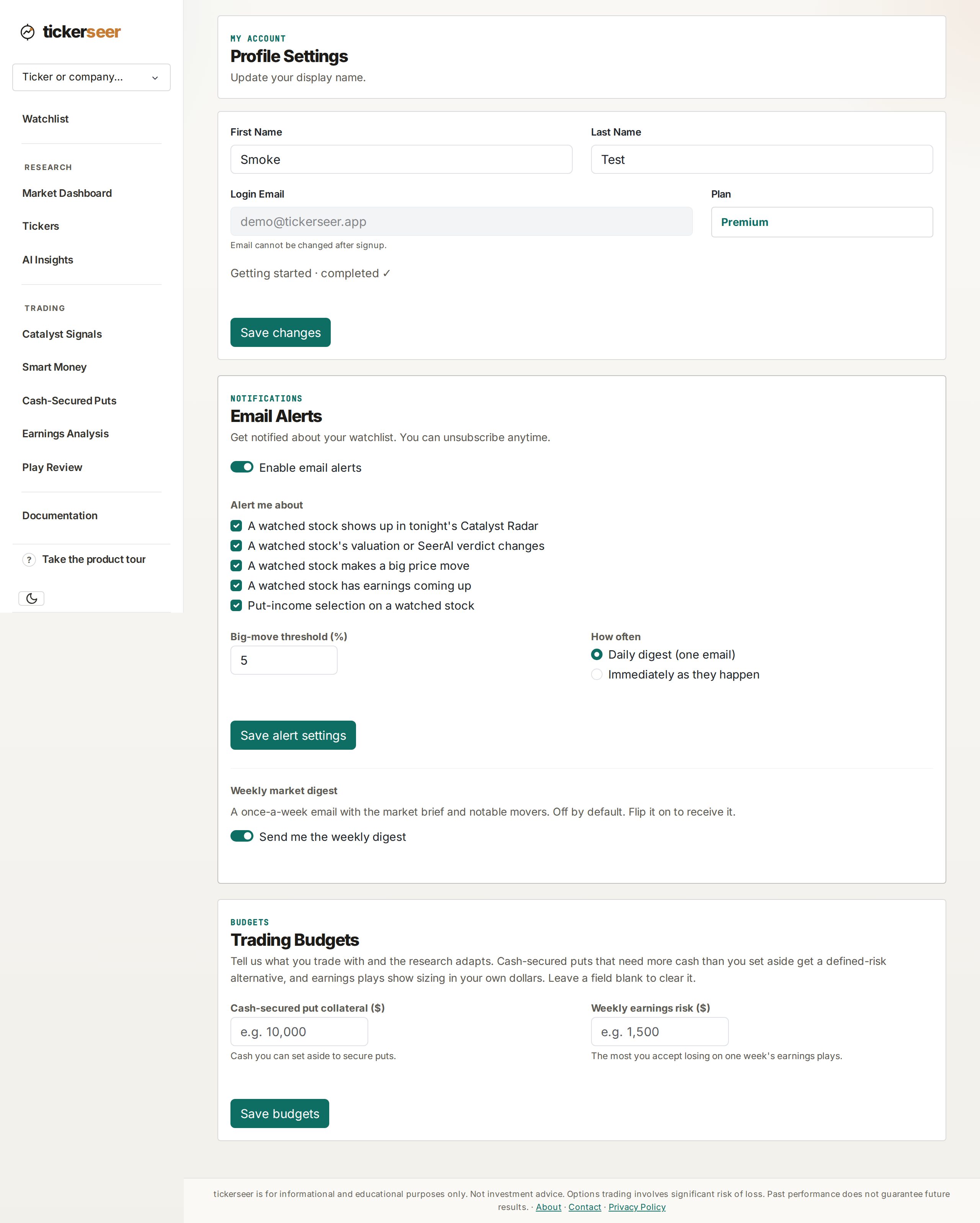 tickerseer Notifications page