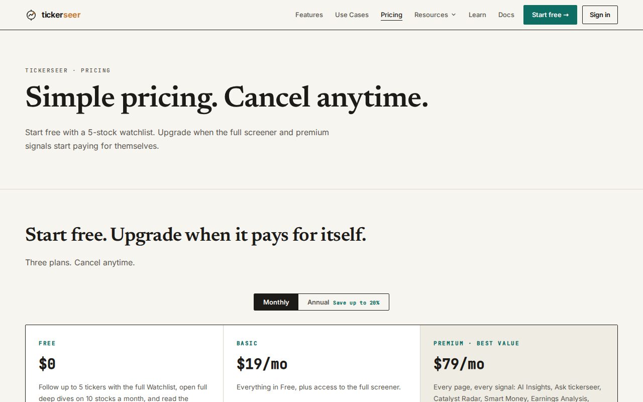 Pricing page listing plan tiers with a monthly and annual toggle