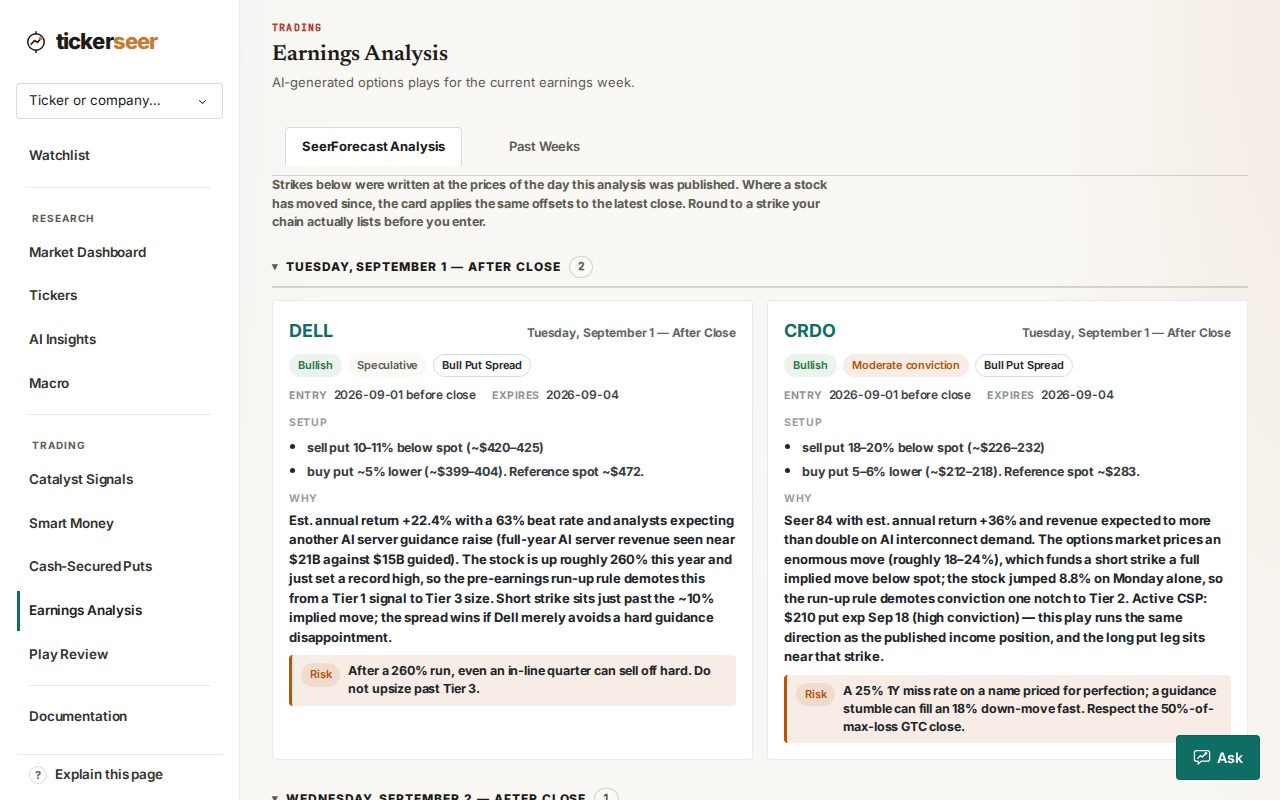 Two earnings play cards, each with a conviction tier badge, entry and expiry dates, and both legs written as a percentage below spot