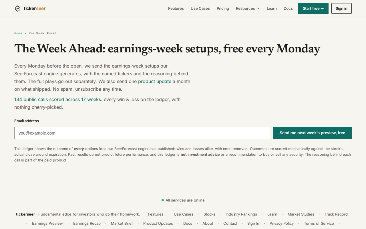 Preview page showing the digest, market brief, and retrospective emails