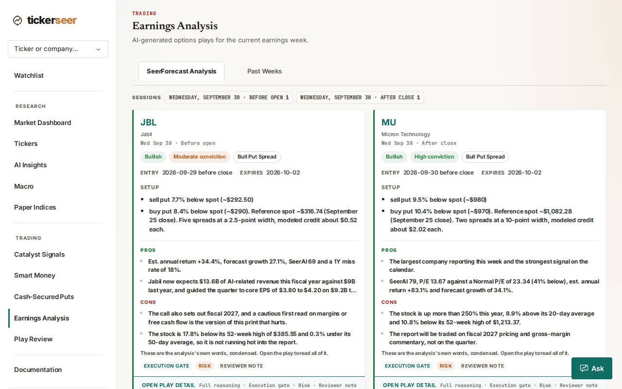 Earnings page showing two compact play cards for Jabil and Micron with setup, pros and cons.