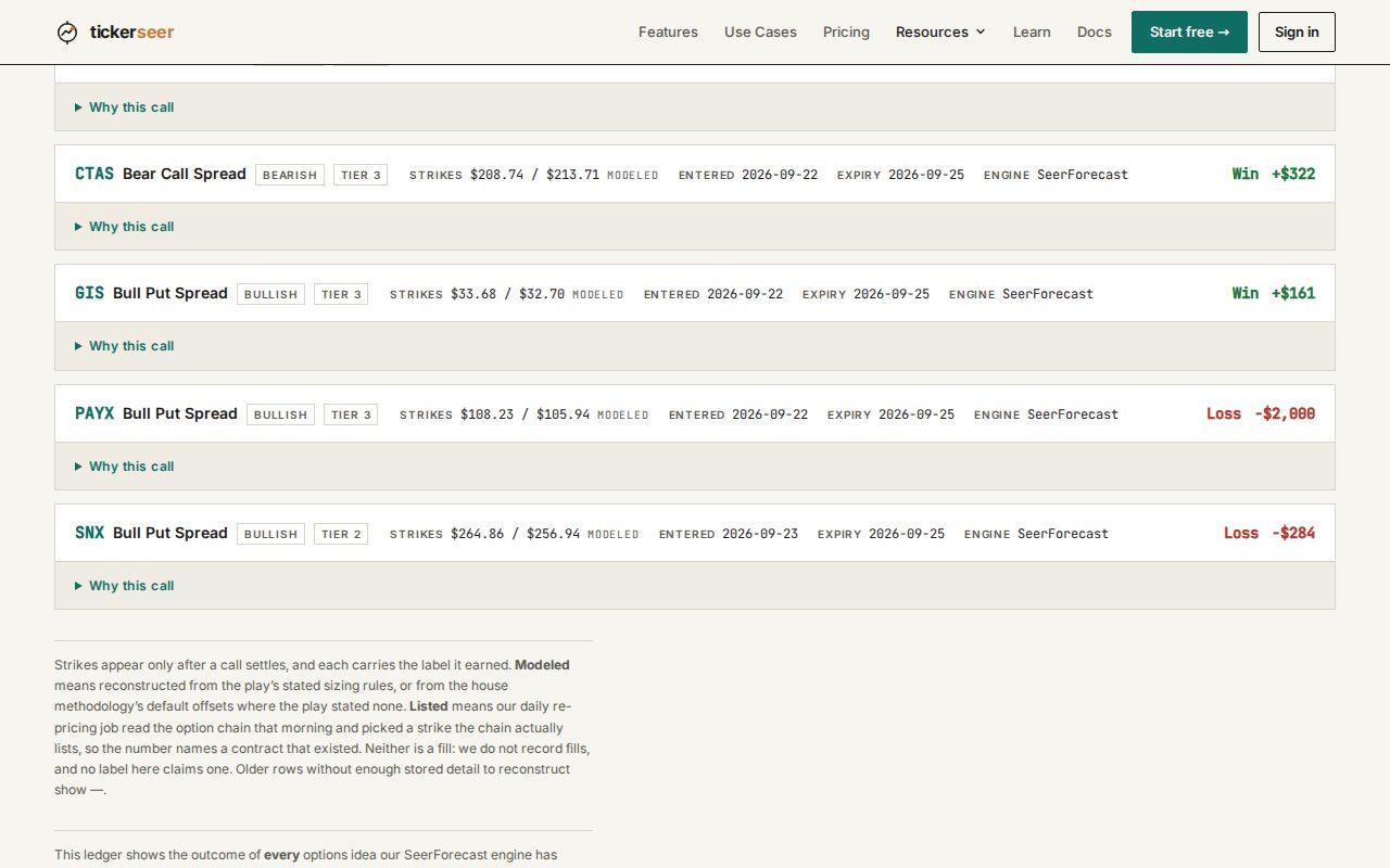 Track record week page listing settled calls with their results and a Why this call toggle under each.