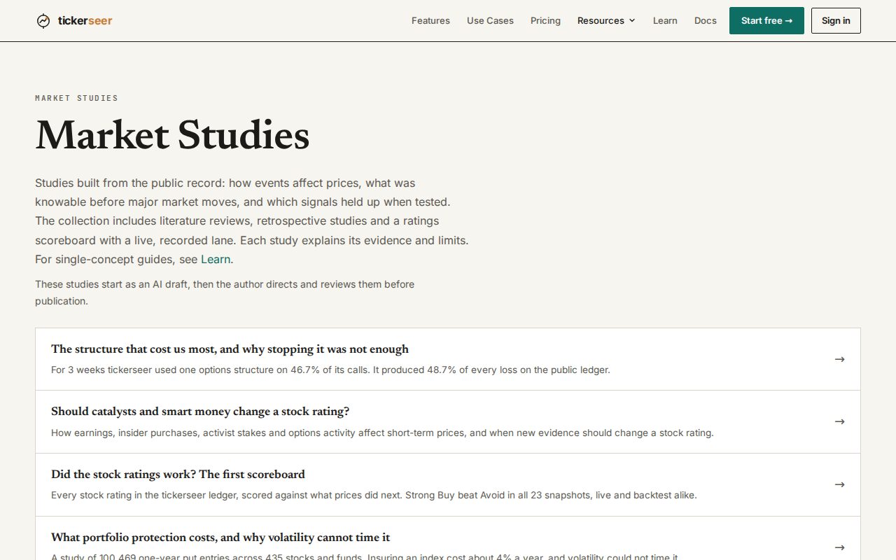 Research page listing published market studies.